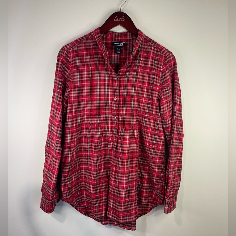 Lands' End Women's Red and Black Plaid Button Down‎ Shirt